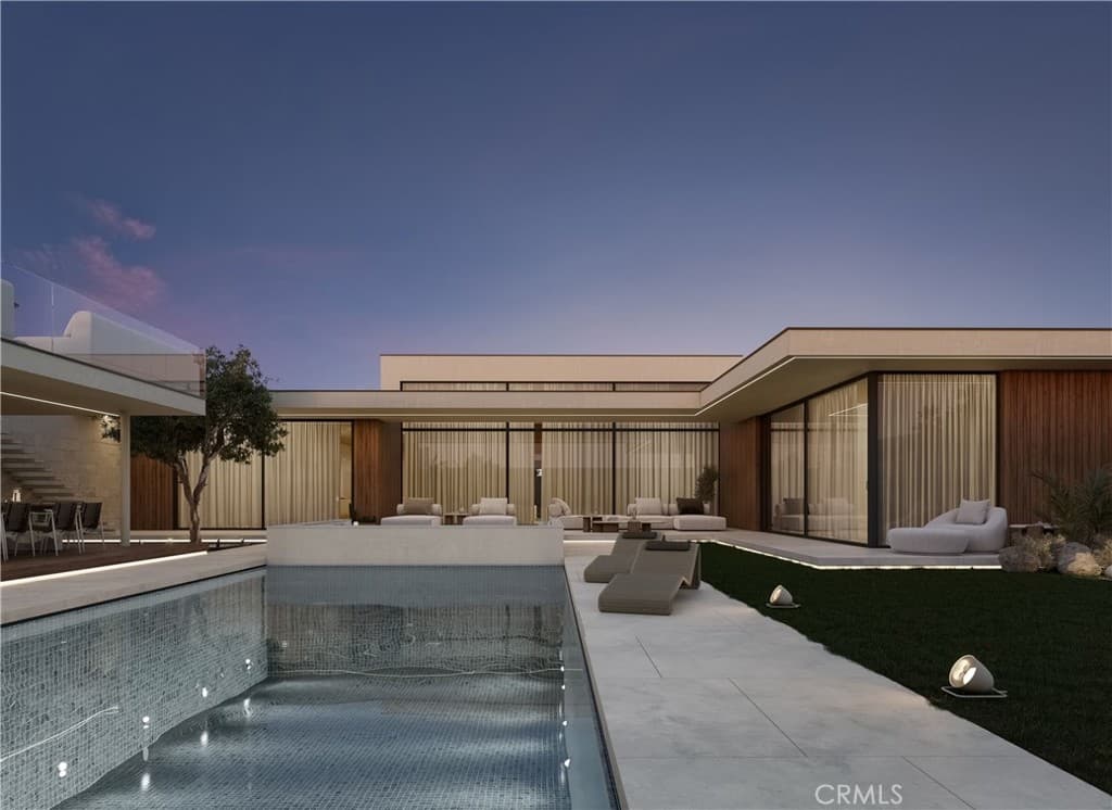 Computer rendering of a proposed modern house with a long pool at dusk