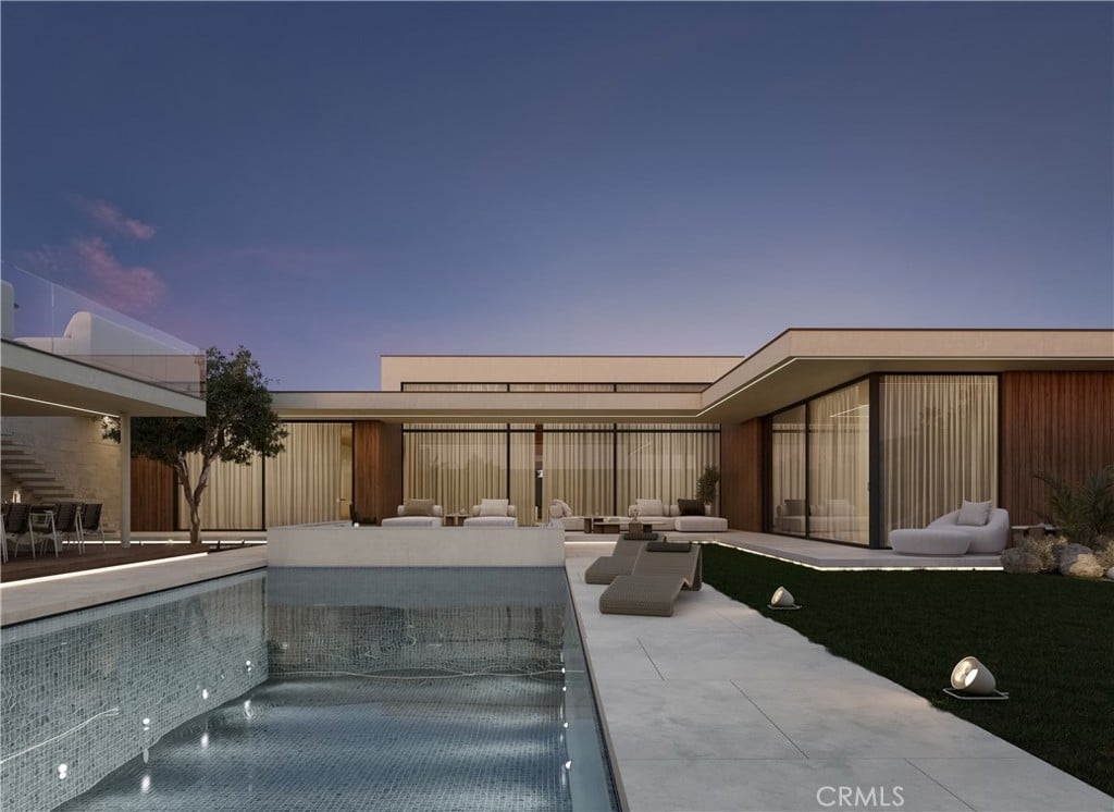 Computer rendering of a proposed modern house with a long pool at dusk